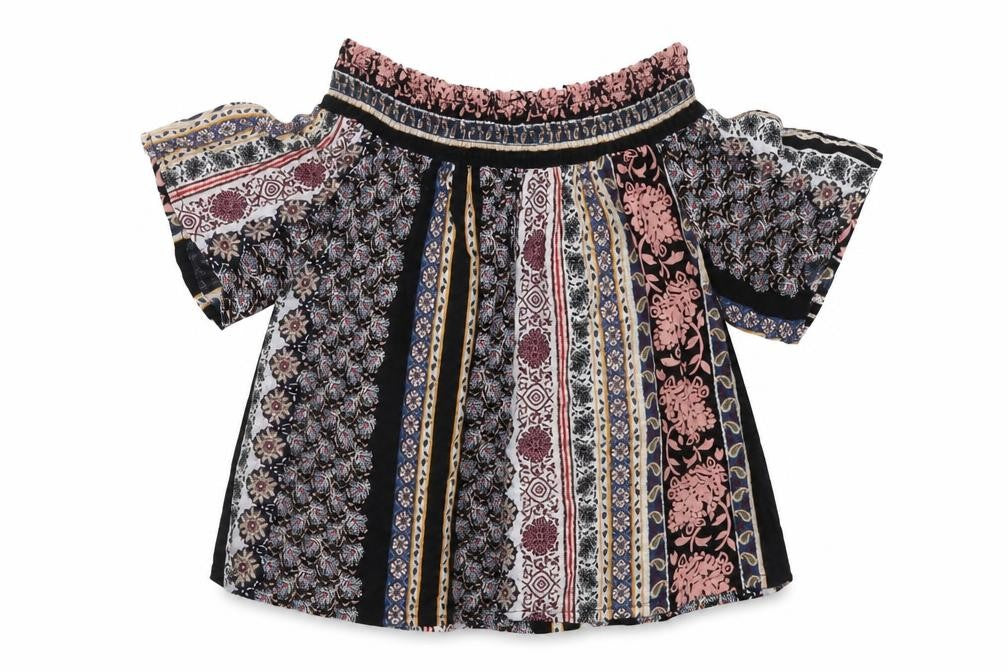 Front view of Topshop women’s multicoloured geometric viscose basic blouse, size UK 10, square neck