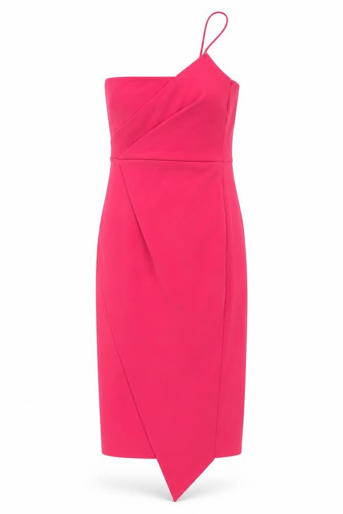 Front view of Quiz women’s pink polyester bodycon, size UK 10, one shoulder pullover