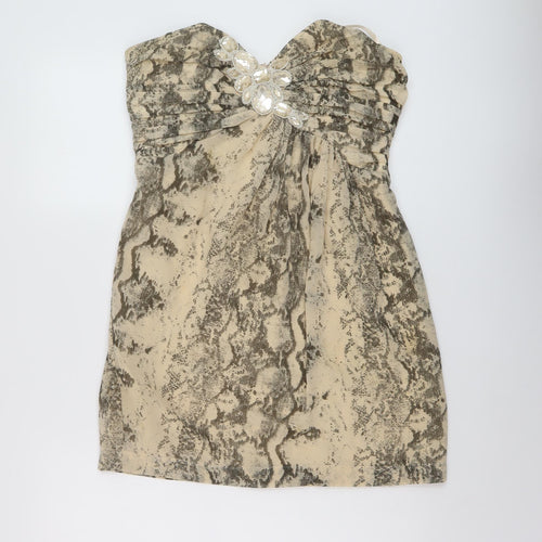 H&M Womens Beige Animal Print Polyester Mini Size 12 Sweetheart Zip