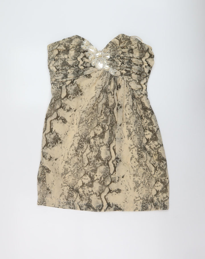 H&M Womens Beige Animal Print Polyester Mini Size 12 Sweetheart Zip