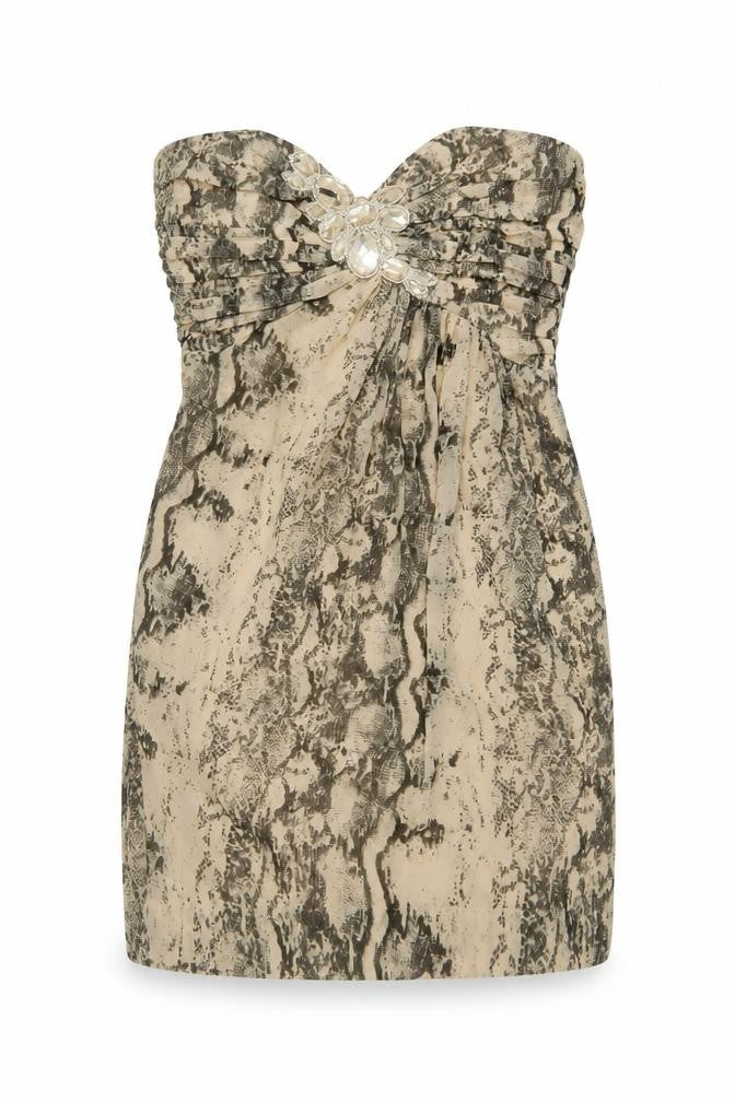 Front view of H&M women’s beige animal print polyester mini, size UK 12, sweetheart zip