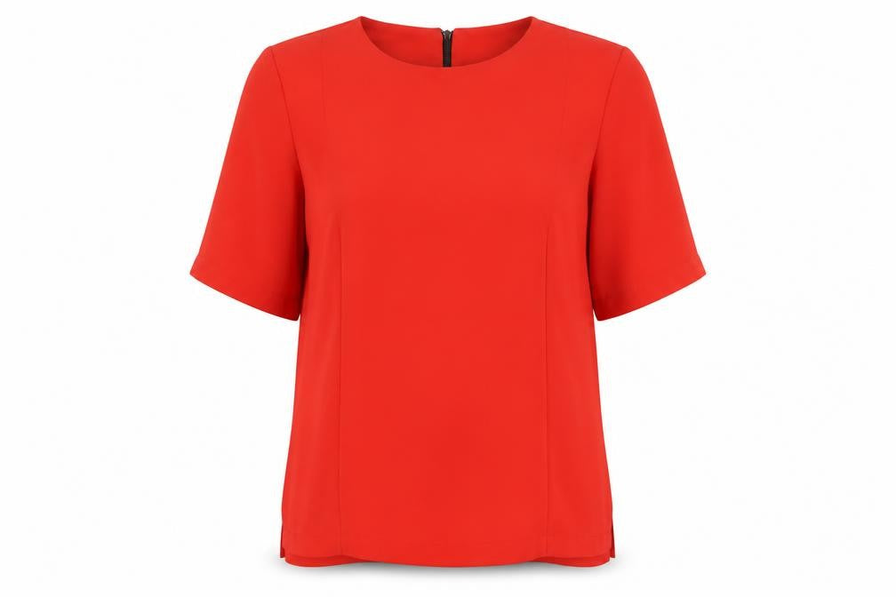 Front view of Topshop women’s red polyester basic t-shirt, size UK 12, round neck