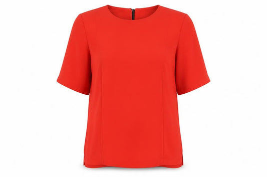 Front view of Topshop women’s red polyester basic t-shirt, size UK 12, round neck