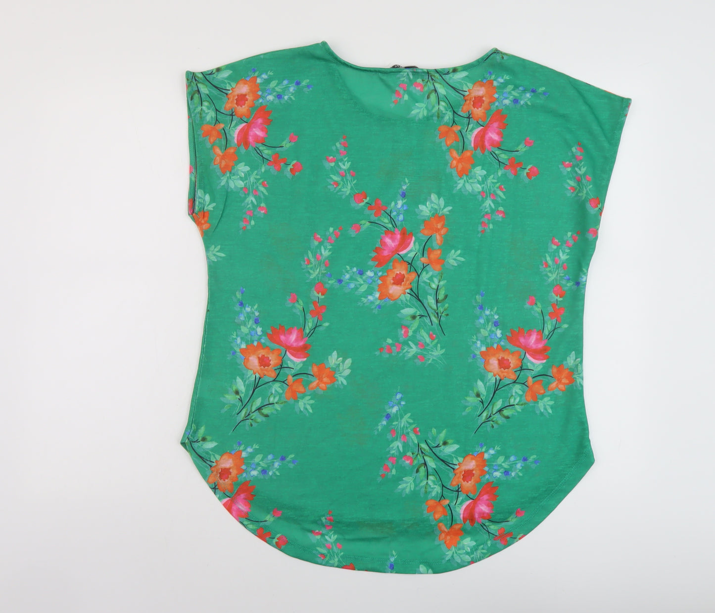 Bonmarché Womens Green Floral Polyester Basic T-Shirt Size 14 Round Neck