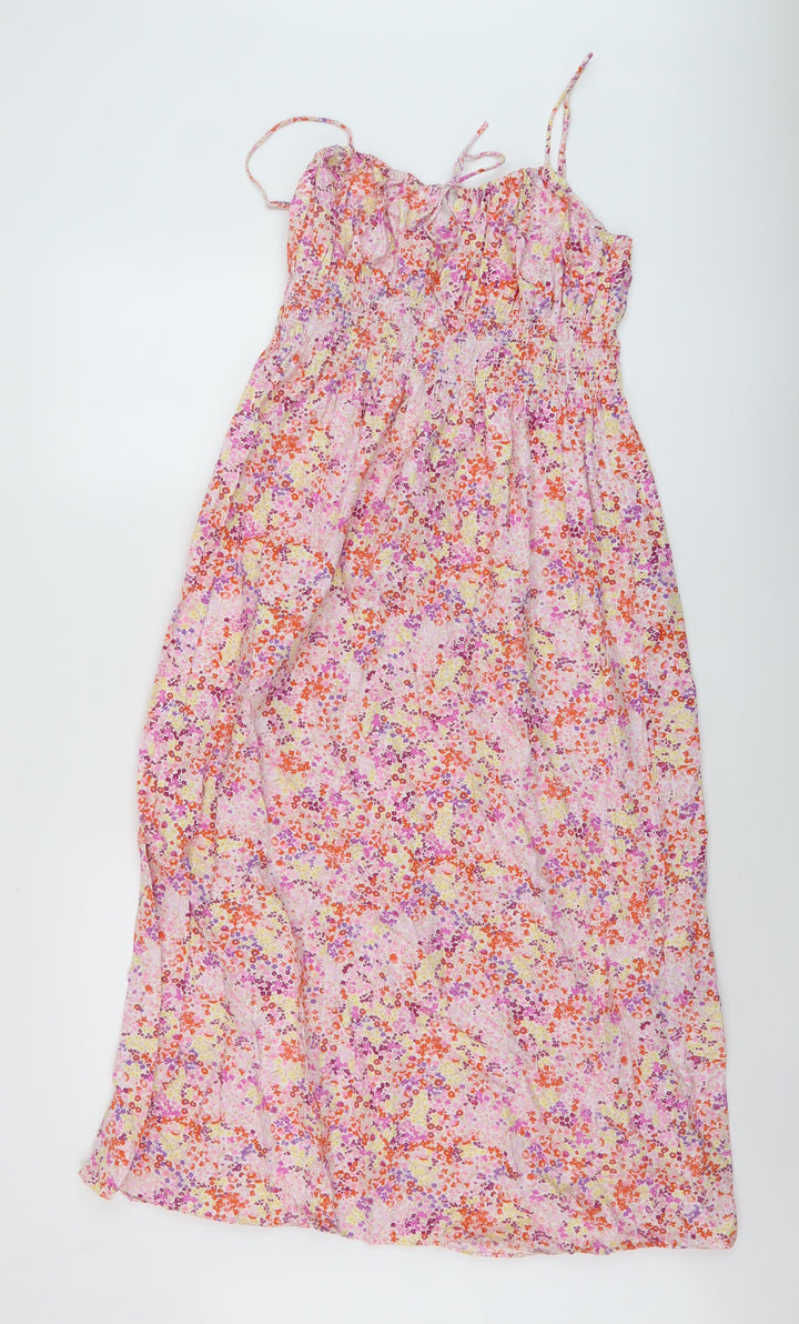 H&M Womens Pink Floral Cotton A-Line Size S Square Neck Tie