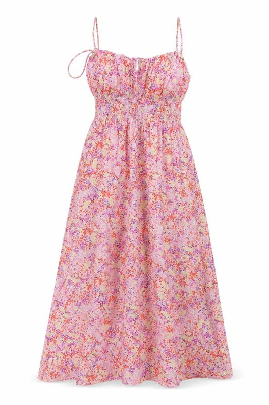 Front view of H&M women’s pink floral cotton a-line, size S, square neck tie