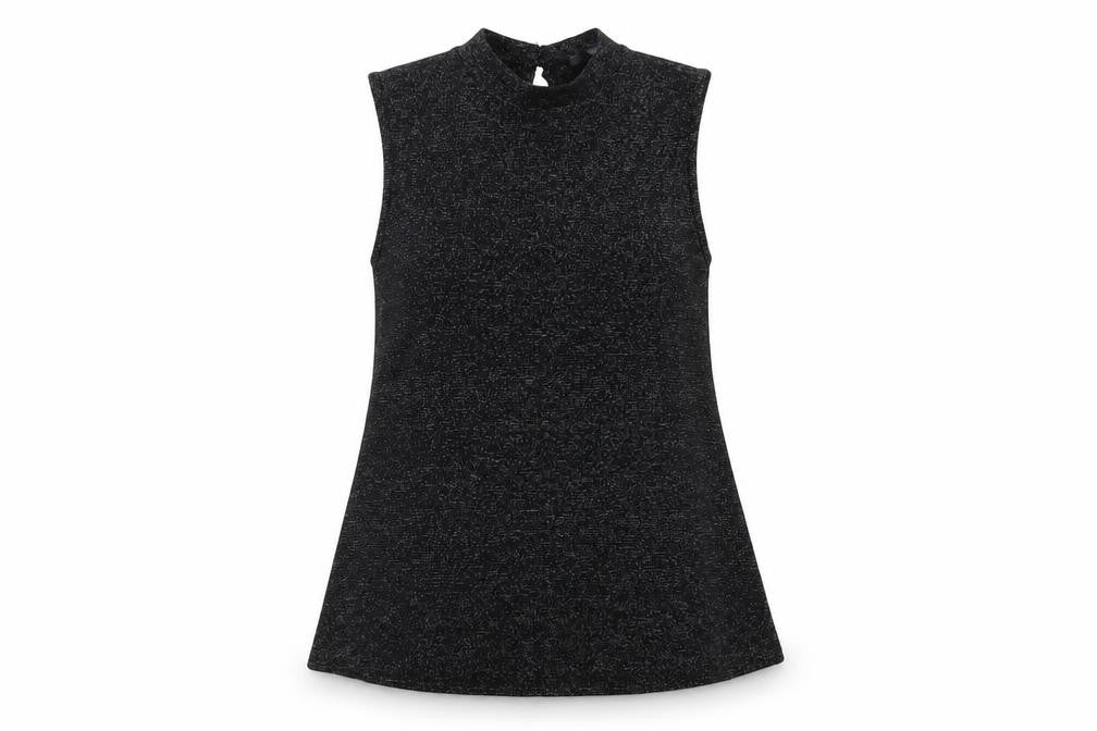 Front view of Dorothy Perkins women’s black polyester basic tank, size UK 12, mock neck
