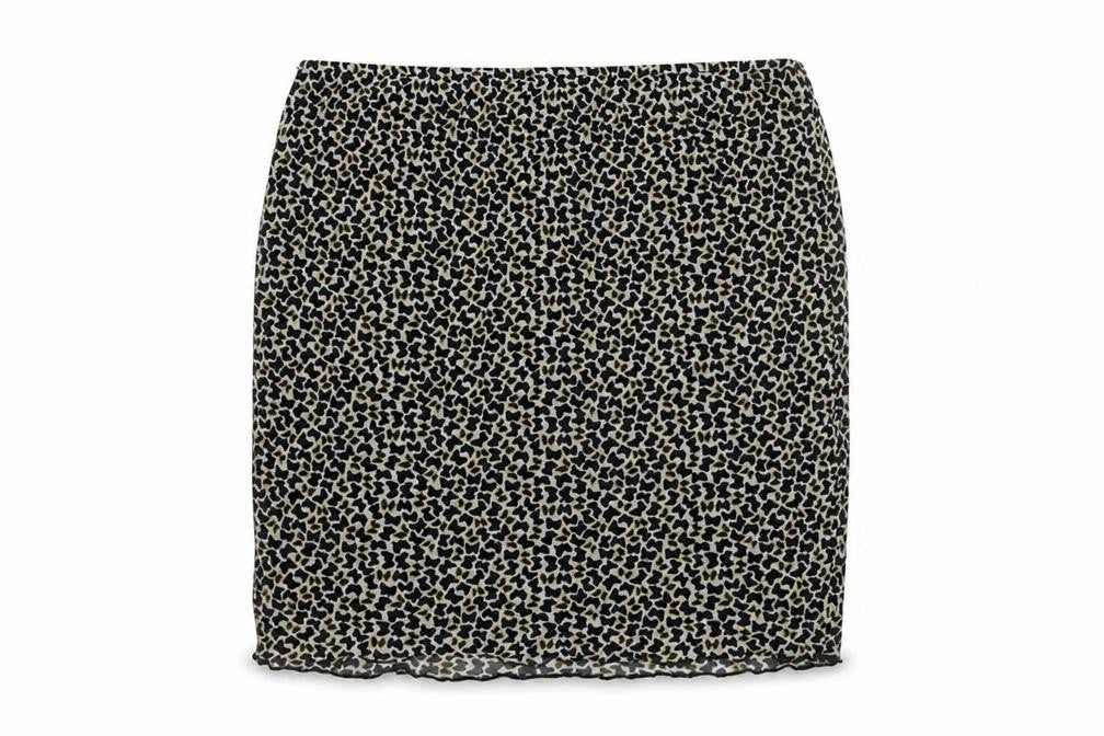 Front view of Mint Vanilla women’s beige geometric polyester mini skirt, size M