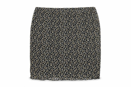 Front view of Mint Vanilla women’s beige geometric polyester mini skirt, size M