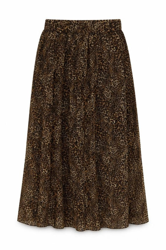 Front view of Sabrina Diamond women’s brown animal print polyester pleated skirt, size M