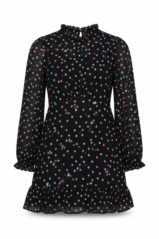 Front view of New Look women’s black polka dot polyester a-line, size UK 14, mock neck button