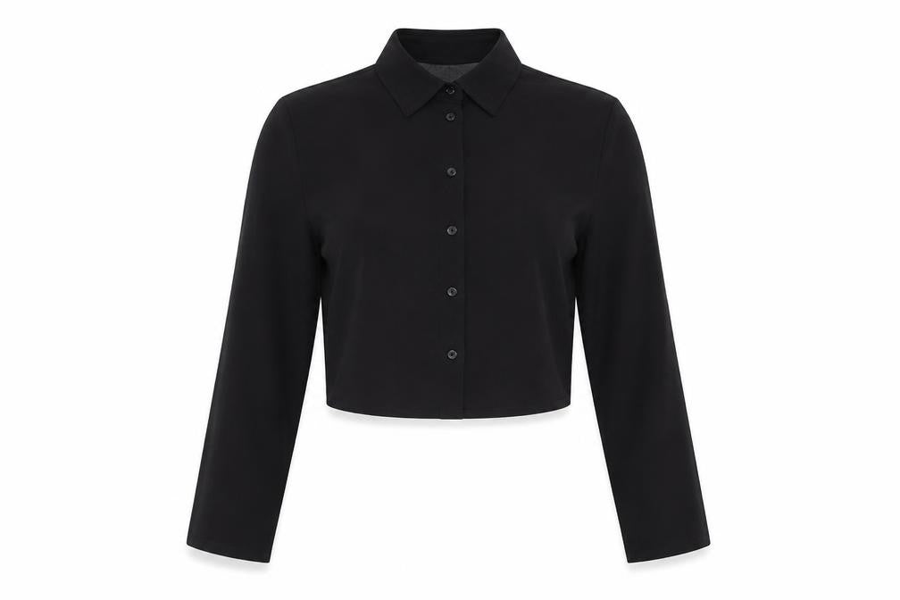 Front view of ASOS women’s black polyester cropped button-up, size UK 10, collared