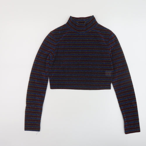 Glamorous Womens Multicoloured Striped Polyester Cropped Blouse Size S Mock Neck