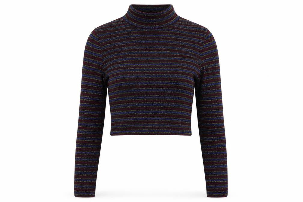 Front view of Glamorous women’s multicoloured striped polyester cropped blouse, size S, mock neck