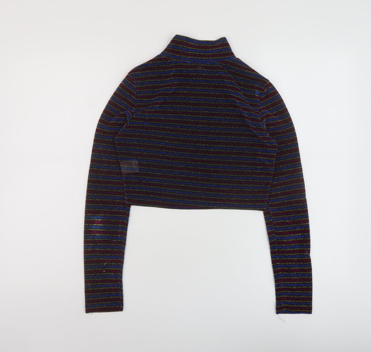 Glamorous Womens Multicoloured Striped Polyester Cropped Blouse Size S Mock Neck