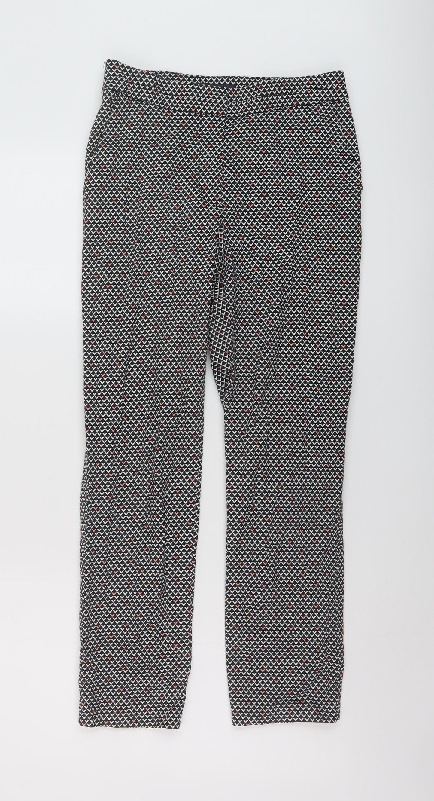 Marks and Spencer Womens Black Geometric Cotton Trousers Size 8 L25 in Regular Hook & Eye
