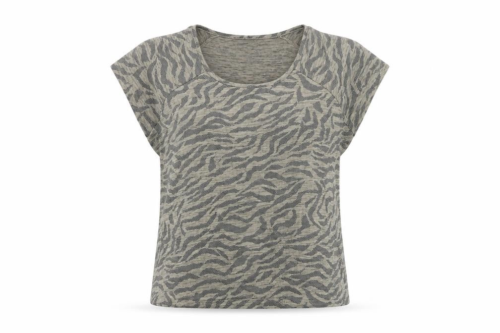 Front view of Klass women’s beige animal print polyester basic t-shirt, size M, round neck