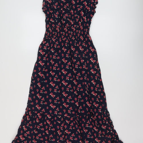Marks and Spencer Womens Blue Floral Cotton A-Line Size 10 V-Neck Button
