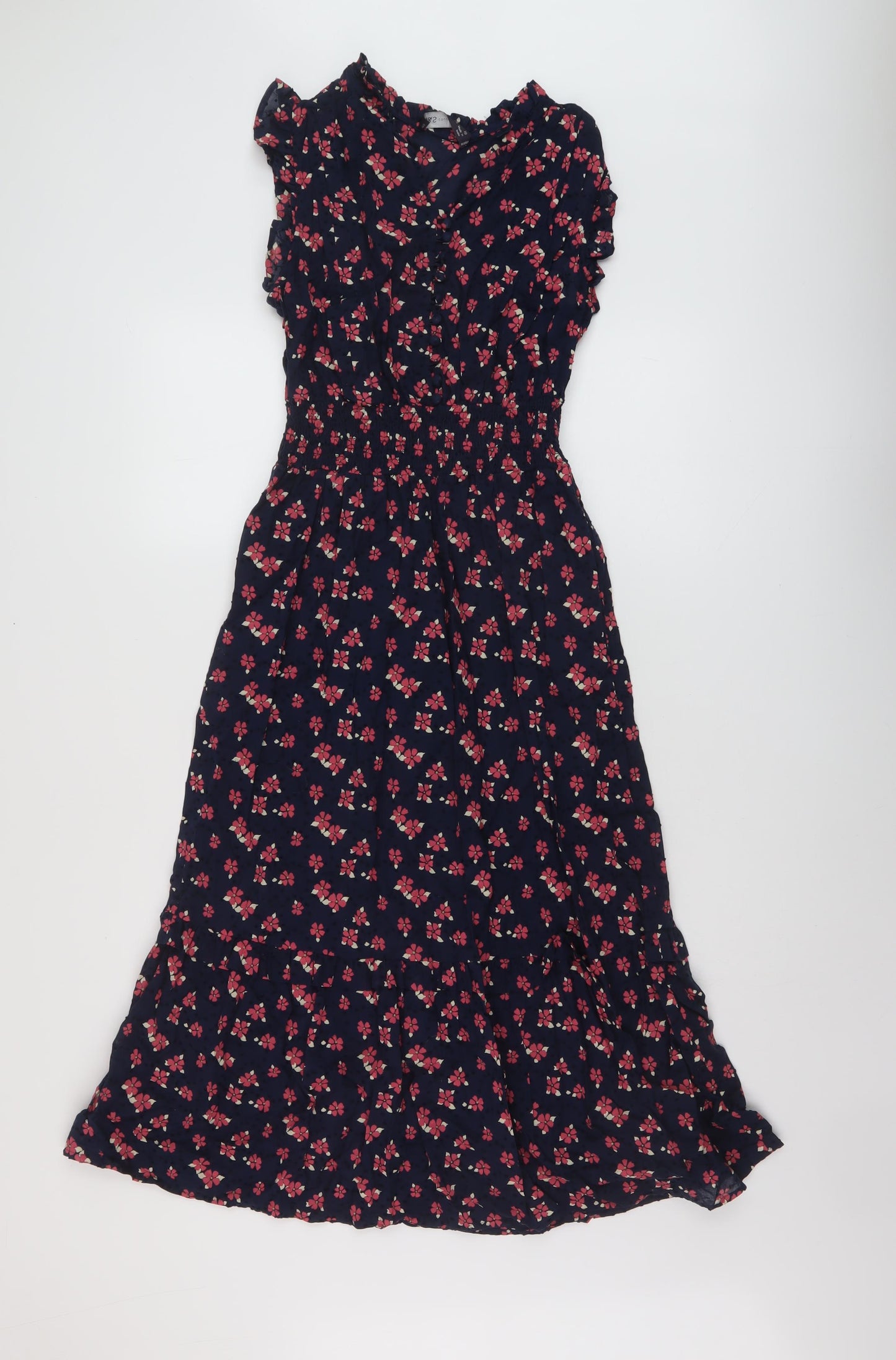 Marks and Spencer Womens Blue Floral Cotton A-Line Size 10 V-Neck Button