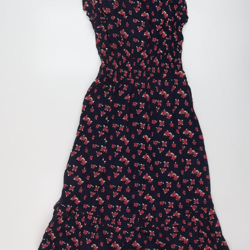 Marks and Spencer Womens Blue Floral Cotton A-Line Size 10 V-Neck Button