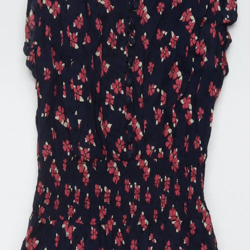 Marks and Spencer Womens Blue Floral Cotton A-Line Size 10 V-Neck Button