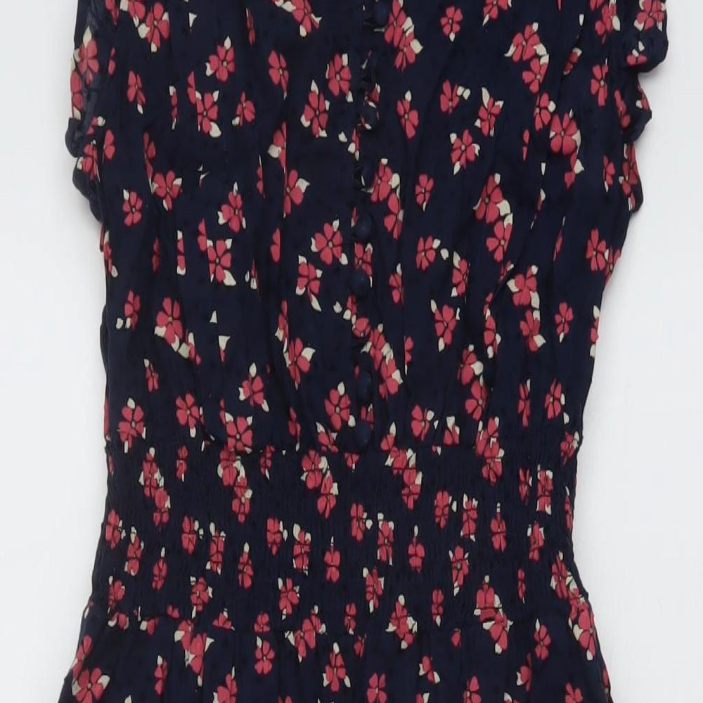 Marks and Spencer Womens Blue Floral Cotton A-Line Size 10 V-Neck Button
