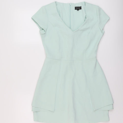 Topshop Womens Green Polyester Mini Size 10 V-Neck Zip