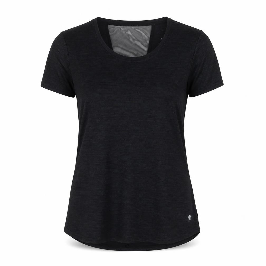 Front view of APANAGE women’s grey polyester basic t-shirt, size L, crew neck pullover