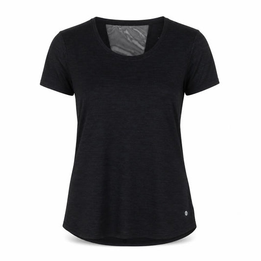 Front view of APANAGE women’s grey polyester basic t-shirt, size L, crew neck pullover