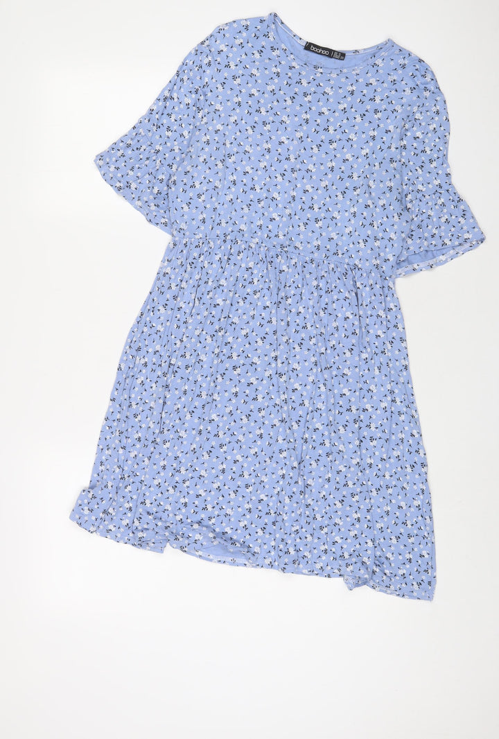 Boohoo Womens Blue Floral Viscose A-Line Size 8 Crew Neck Pullover