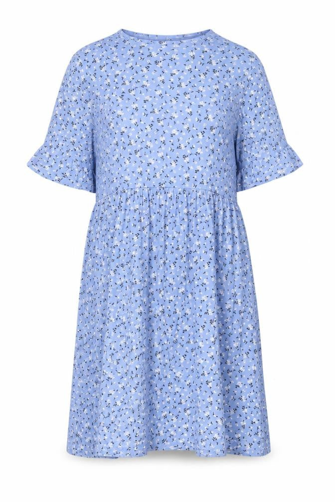 Front view of Boohoo women’s blue floral viscose a-line, size UK 8, crew neck pullover