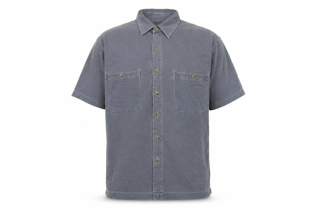 Front view of Moose Creek men’s blue cotton button-up, size M, collared button