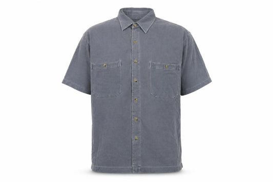 Front view of Moose Creek men’s blue cotton button-up, size M, collared button