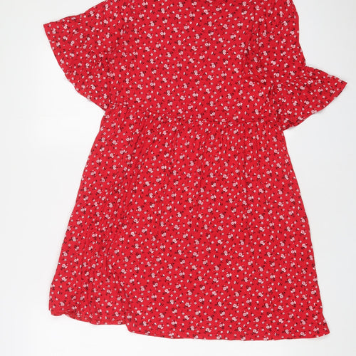 Boohoo Womens Red Floral Viscose A-Line Size 8 Collared Pullover
