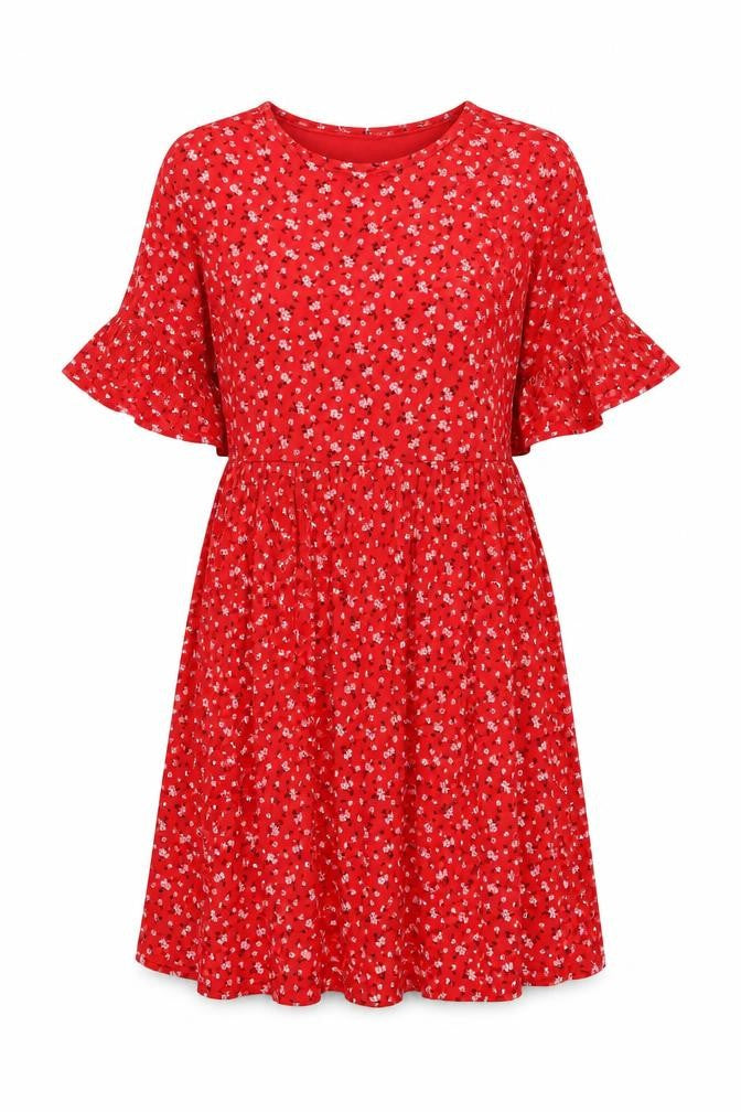Front view of Boohoo women’s red floral viscose a-line, size UK 8, collared pullover