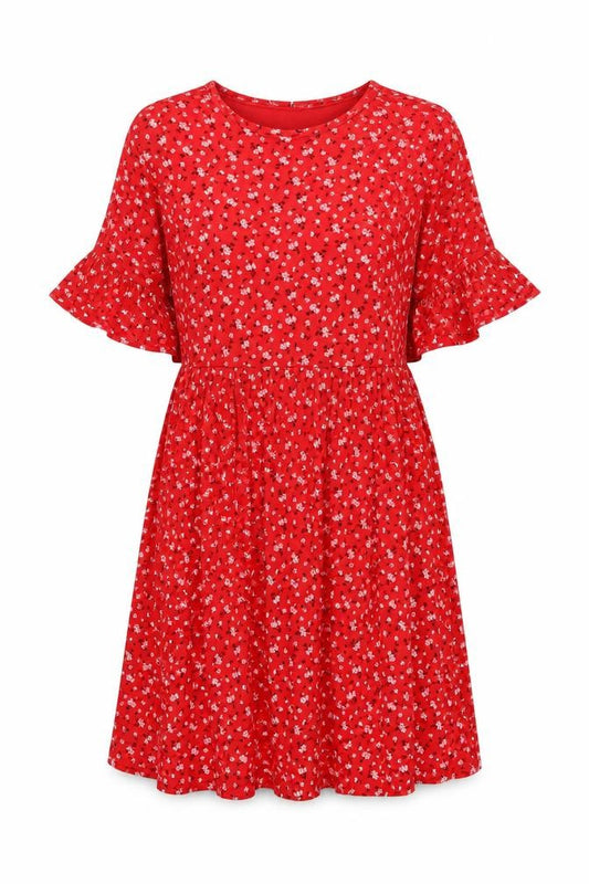 Front view of Boohoo women’s red floral viscose a-line, size UK 8, collared pullover
