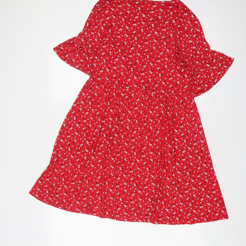 Boohoo Womens Red Floral Viscose A-Line Size 8 Collared Pullover