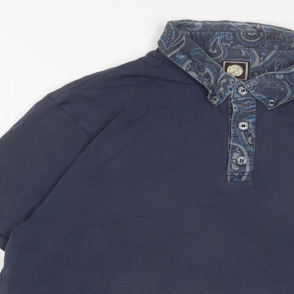 Pretty Green Mens Blue Cotton Polo Size L Collared Button - Logo, Embroidered