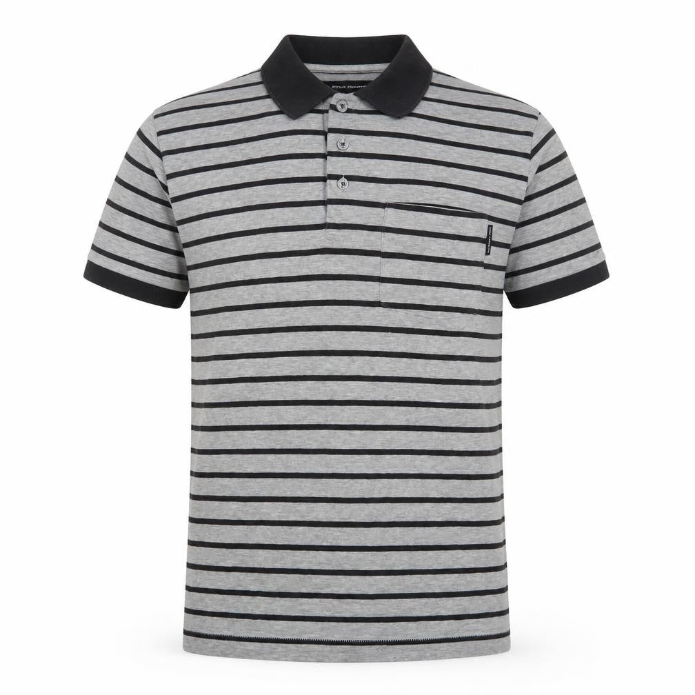 Front view of French Connection men’s grey striped cotton polo, size M, collared button