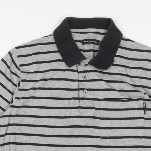 French Connection Mens Grey Striped Cotton Polo Size M Collared Button