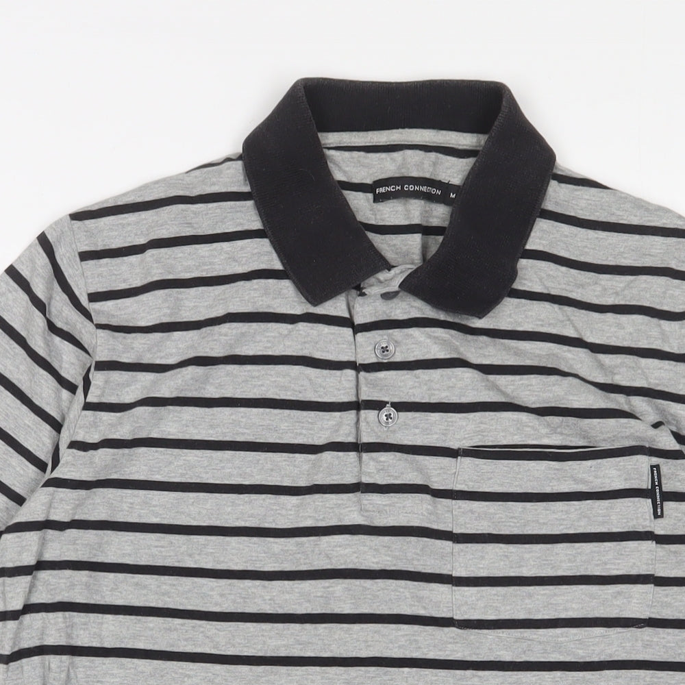 French Connection Mens Grey Striped Cotton Polo Size M Collared Button