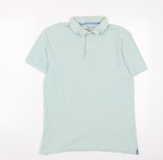 Marks and Spencer Mens Green Cotton Polo Size M Collared Button