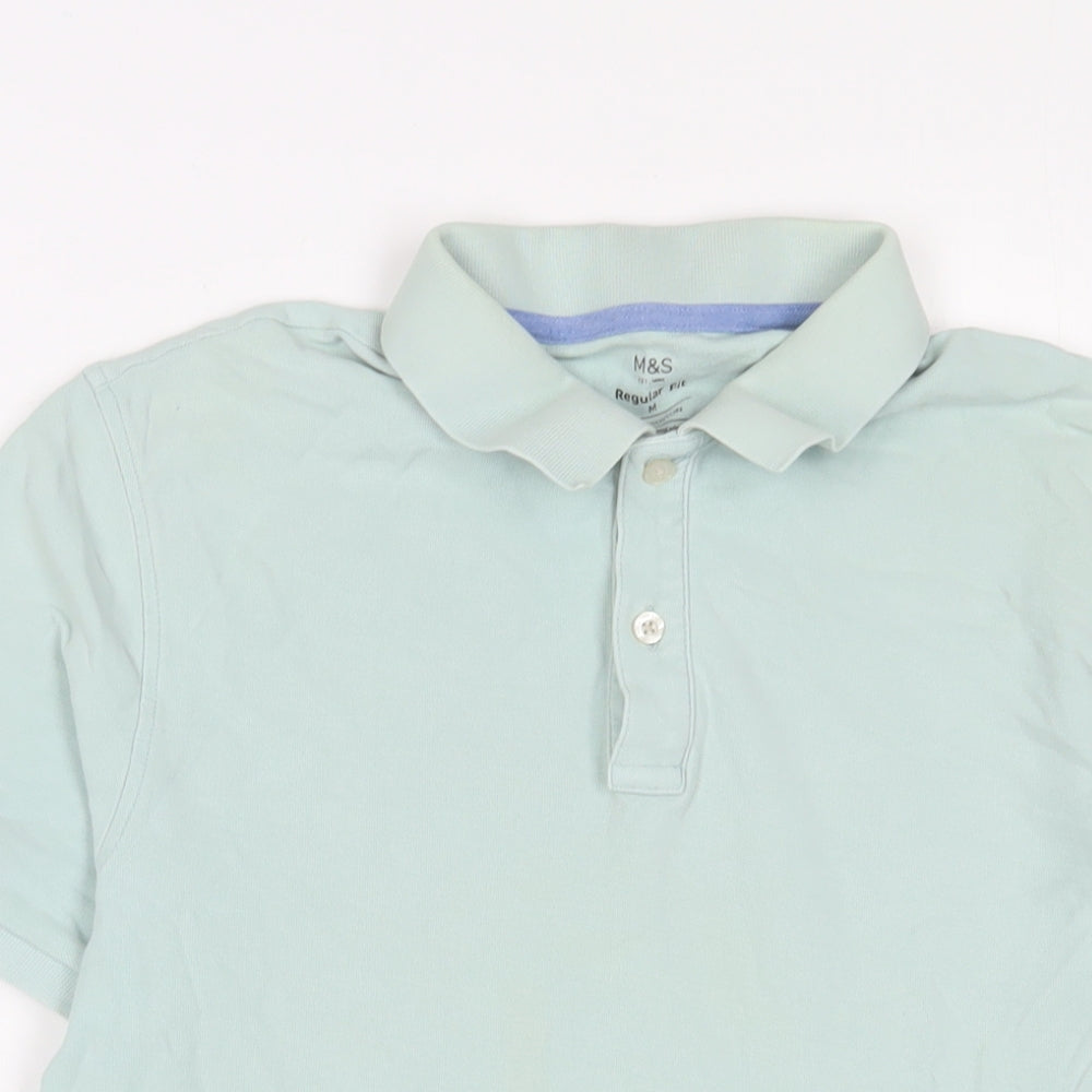 Marks and Spencer Mens Green Cotton Polo Size M Collared Button