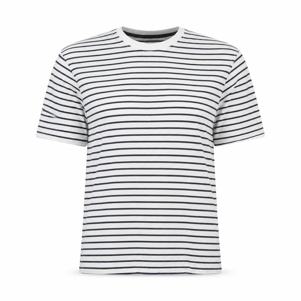 Front view of Marks & Spencer women’s white striped cotton basic t-shirt, size S, crew neck