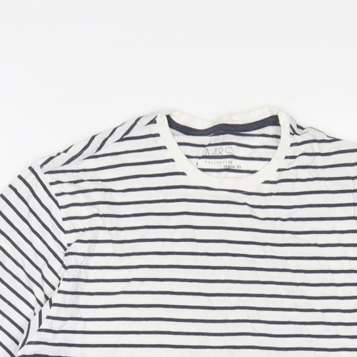 Marks and Spencer Womens White Striped Cotton Basic T-Shirt Size S Crew Neck