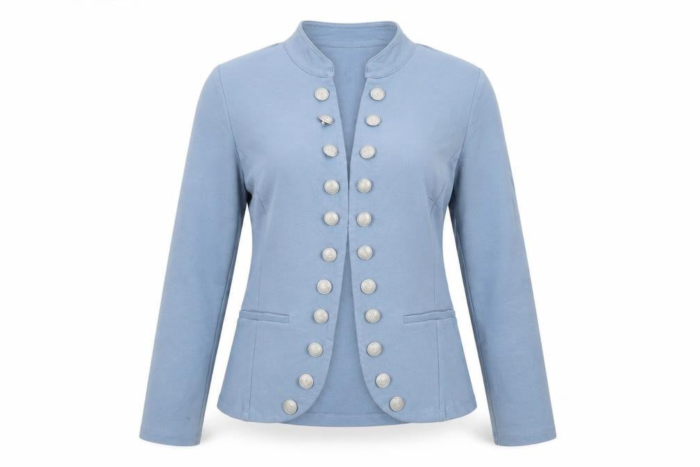 Front view of Tesini women’s blue jacket, size UK 16, hook & eye