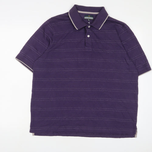 Lincoln Mens Purple Striped Cotton Polo Size XL Collared Button - Embroidered