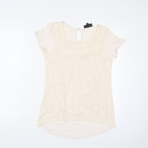 Warehouse Womens Beige Viscose Basic T-Shirt Size 10 Crew Neck - Embroidered