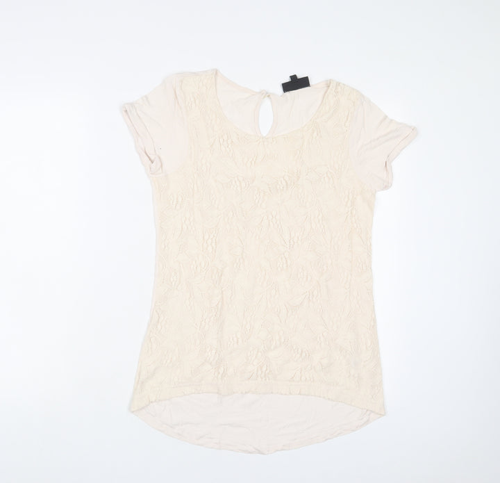 Warehouse Womens Beige Viscose Basic T-Shirt Size 10 Crew Neck - Embroidered