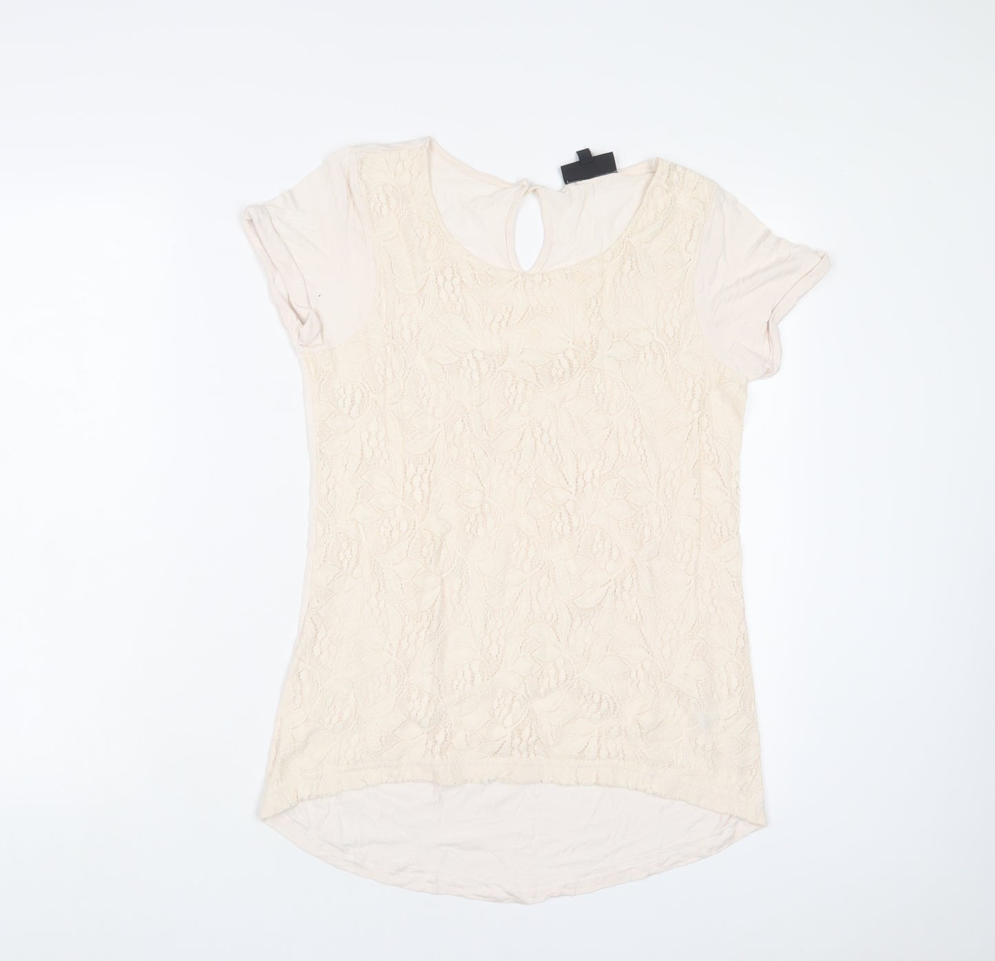 Warehouse Womens Beige Viscose Basic T-Shirt Size 10 Crew Neck - Embroidered